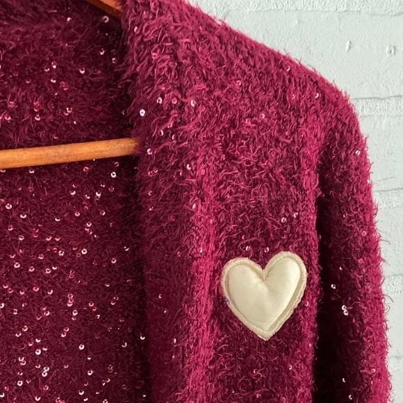 NWOT Sky Girl/Kids Open Knit Cardigan Fuzzy Burgundy Gold Heart Sequins Sz 14/16 - Picture 2 of 6